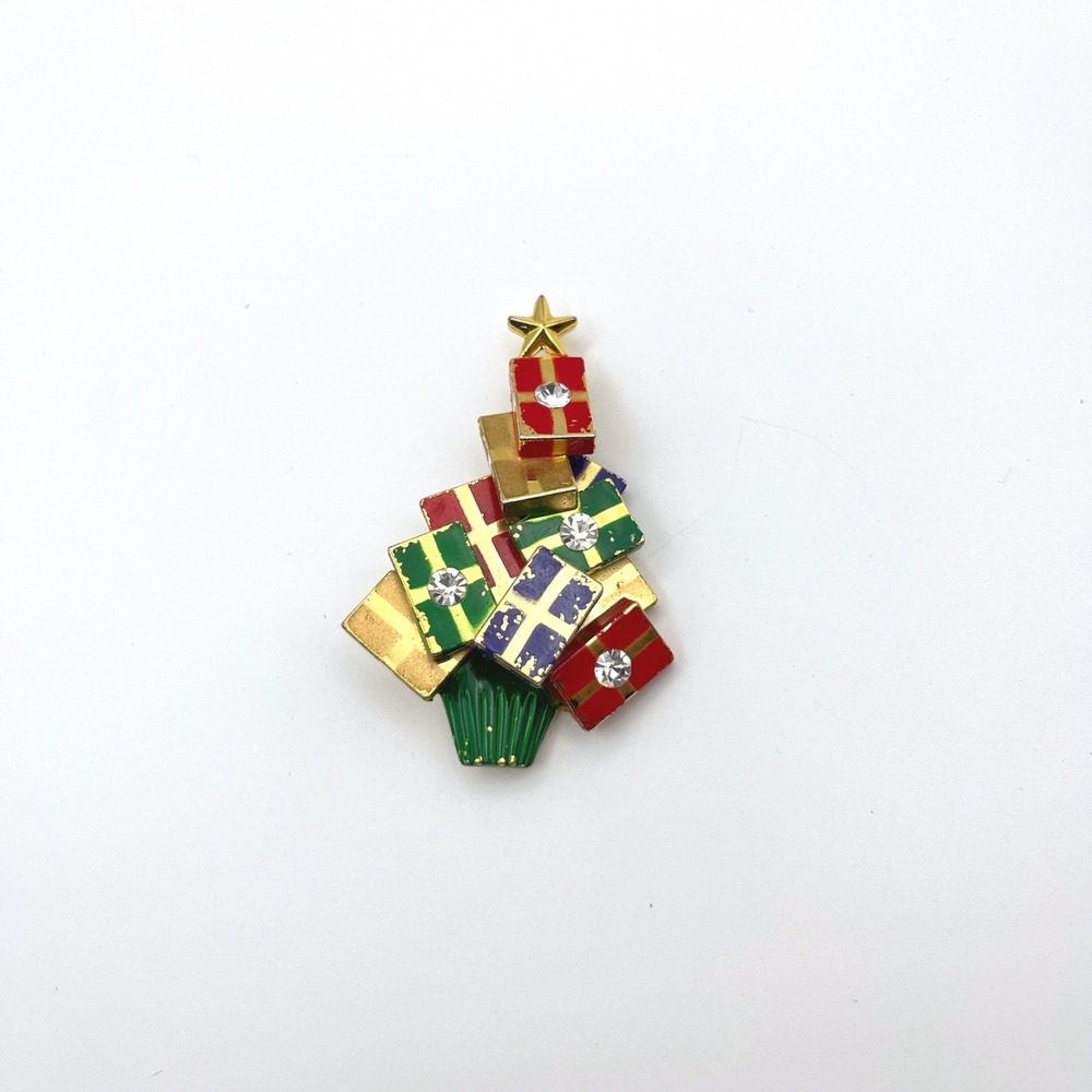 Vintage Christmas Tree Brooch Gold Tone Enamel Present Stack Rhinestone Pin